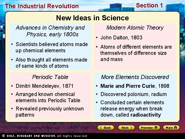 Section 1 The Industrial Revolution New Ideas in Science Advances in Chemistry and Physics,