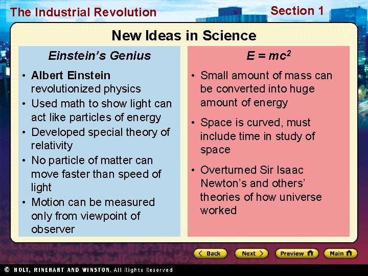 Section 1 The Industrial Revolution New Ideas in Science Einstein’s Genius • Albert Einstein