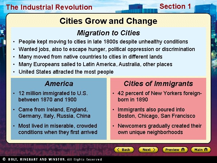 Section 1 The Industrial Revolution Cities Grow and Change Migration to Cities • •