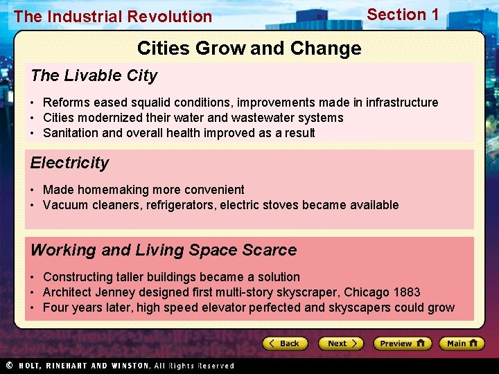 The Industrial Revolution Section 1 Cities Grow and Change The Livable City • Reforms