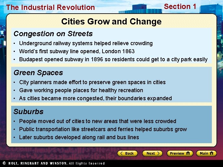The Industrial Revolution Section 1 Cities Grow and Change Congestion on Streets • Underground