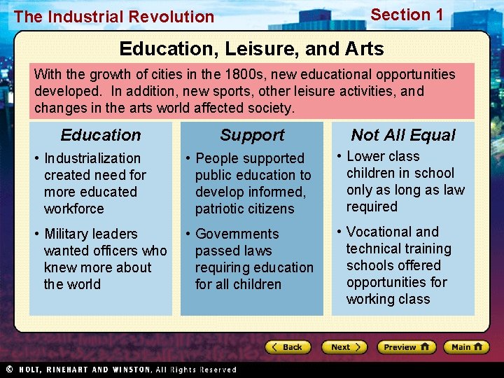 Section 1 The Industrial Revolution Education, Leisure, and Arts With the growth of cities