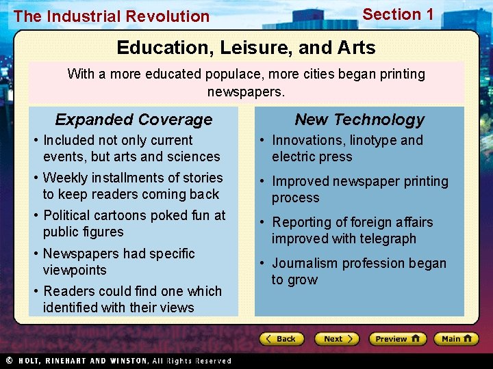 The Industrial Revolution Section 1 Education, Leisure, and Arts With a more educated populace,