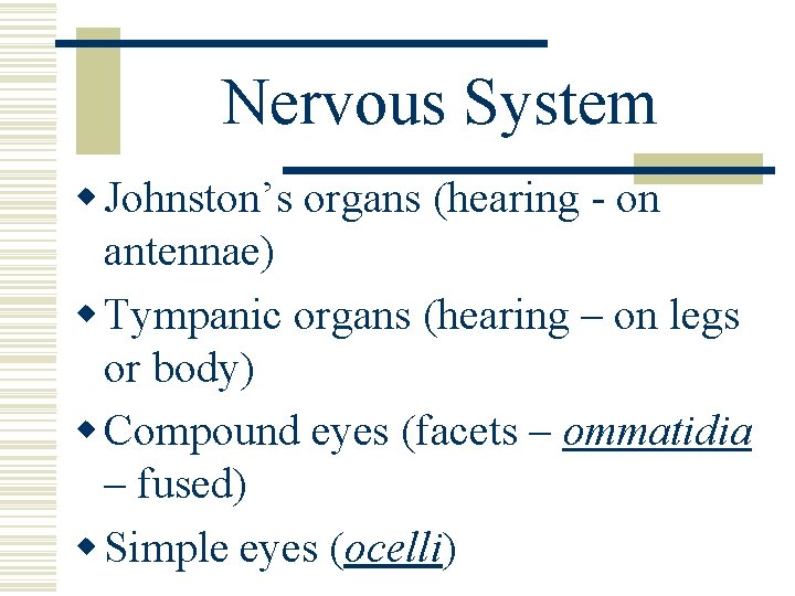 Nervous System w Johnston’s organs (hearing - on antennae) w Tympanic organs (hearing – Nervous System w Johnston’s organs (hearing - on antennae) w Tympanic organs (hearing –