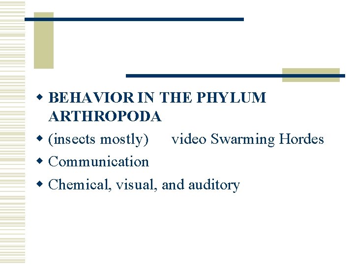 w BEHAVIOR IN THE PHYLUM ARTHROPODA w (insects mostly) video Swarming Hordes w Communication w BEHAVIOR IN THE PHYLUM ARTHROPODA w (insects mostly) video Swarming Hordes w Communication