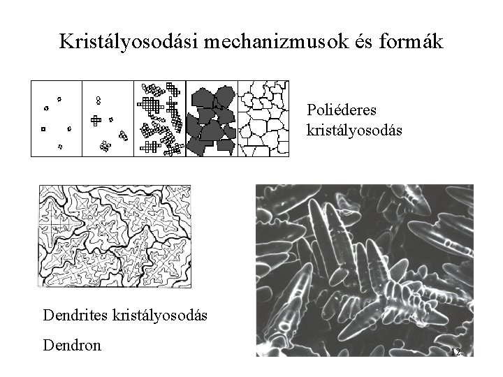 Kristályosodási mechanizmusok és formák Poliéderes kristályosodás Dendrites kristályosodás Dendron 12 