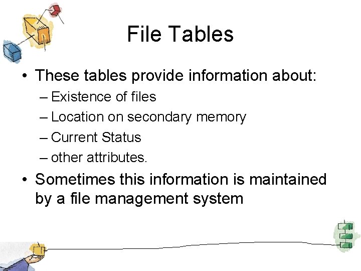 File Tables • These tables provide information about: – Existence of files – Location