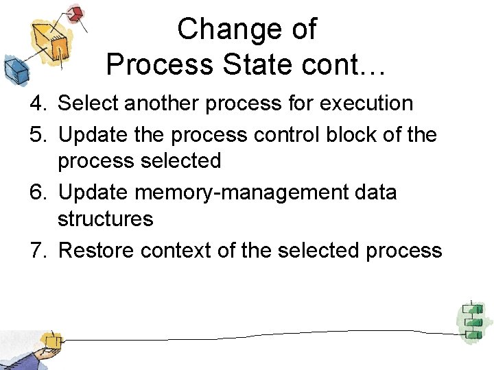 Change of Process State cont… 4. Select another process for execution 5. Update the