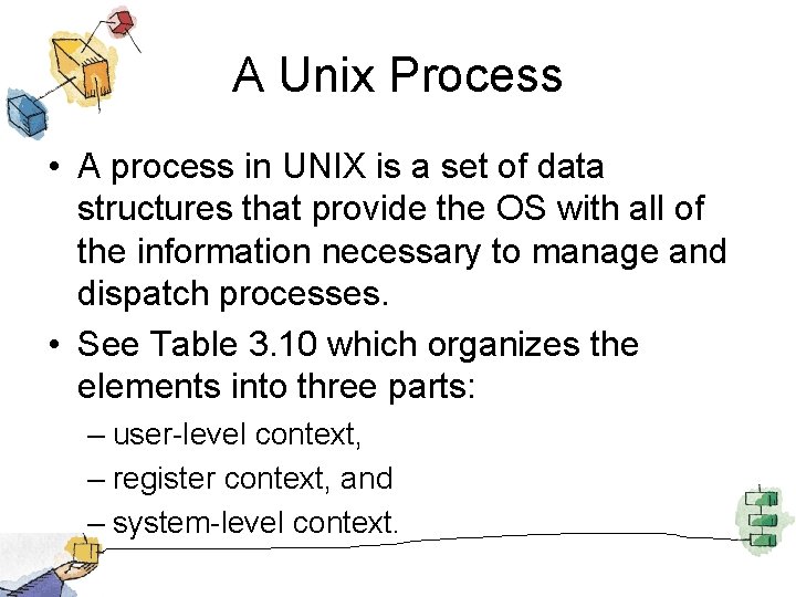 A Unix Process • A process in UNIX is a set of data structures