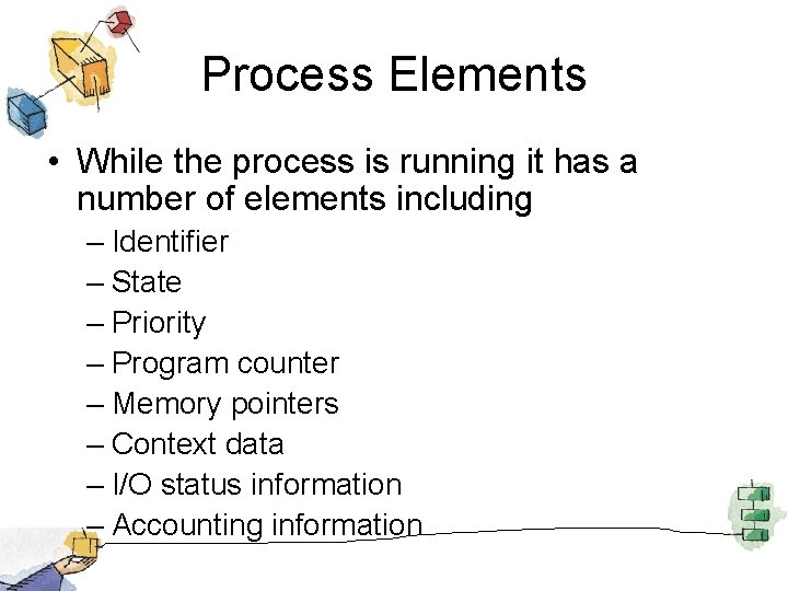 Process Elements • While the process is running it has a number of elements