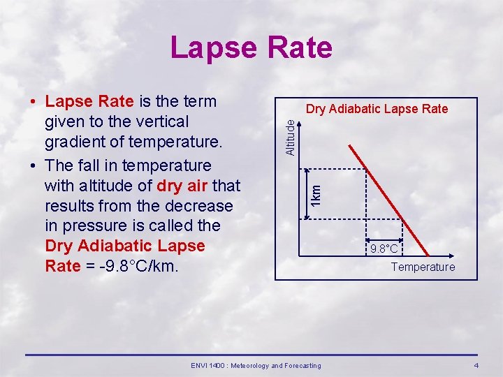 Lapse Rate Dry Adiabatic Lapse Rate 1 km Altitude • Lapse Rate is the