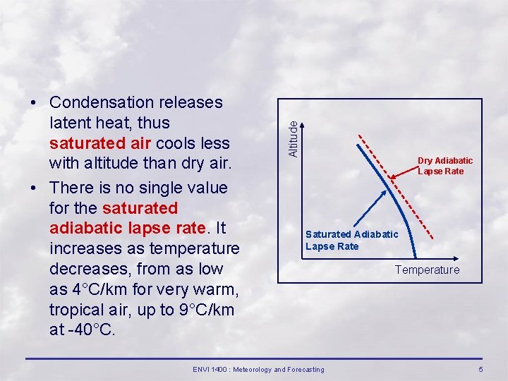 Altitude • Condensation releases latent heat, thus saturated air cools less with altitude than