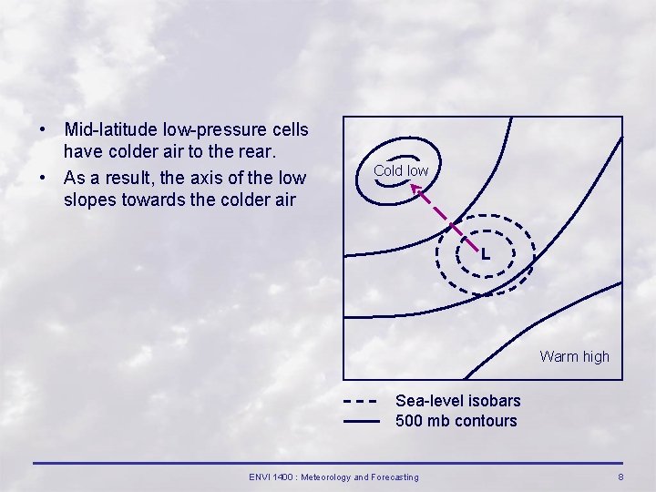  • Mid-latitude low-pressure cells have colder air to the rear. • As a