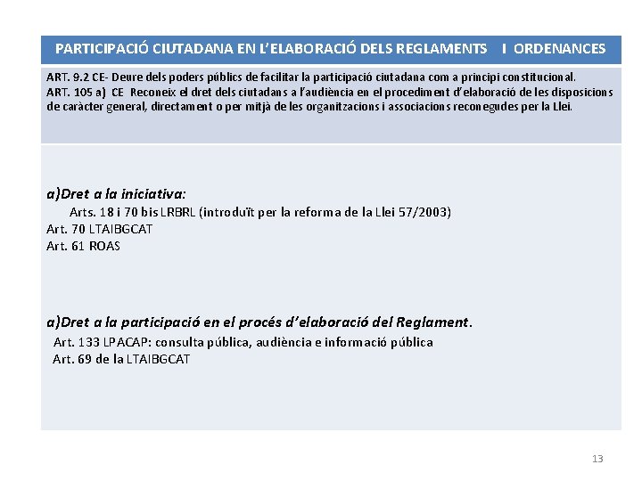 PARTICIPACIÓ CIUTADANA EN L’ELABORACIÓ DELS REGLAMENTS I ORDENANCES ART. 9. 2 CE- Deure dels