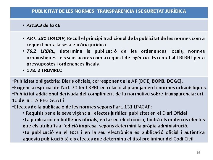 PUBLICITAT DE LES NORMES: TRANSPARENCIA I SEGURETAT JURÍDICA • Art. 9. 3 de la