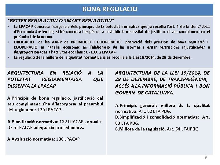 BONA REGULACIO “BETTER REGULATION O SMART REGULATION” • • • La LPACAP Concreta l’exigència