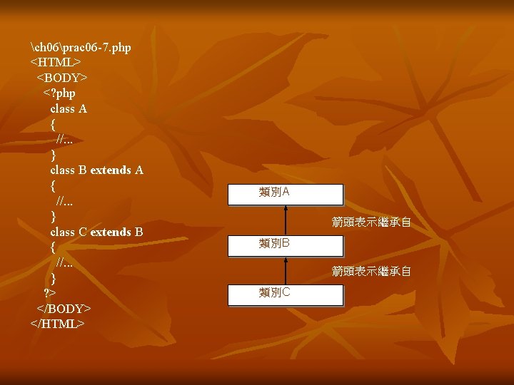 ch 06prac 06 -7. php <HTML> <BODY> <? php class A { //. . ch 06prac 06 -7. php <HTML> <BODY> <? php class A { //. .