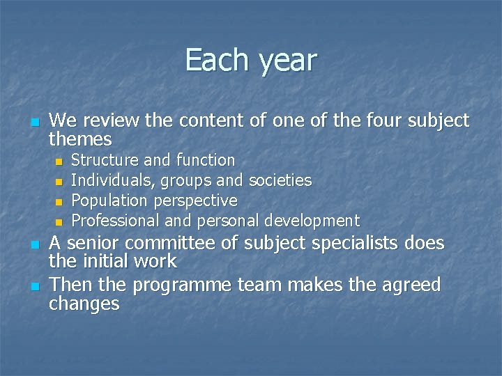 Each year n We review the content of one of the four subject themes