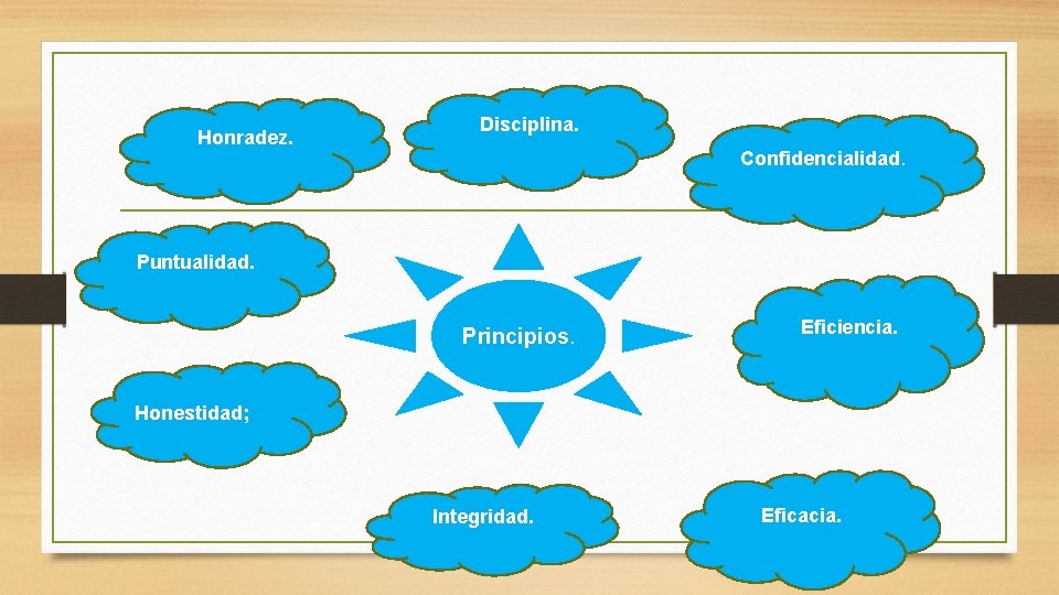 Honradez. Disciplina. Confidencialidad. Puntualidad. Principios. Eficiencia. Honestidad; Integridad. Eficacia. 