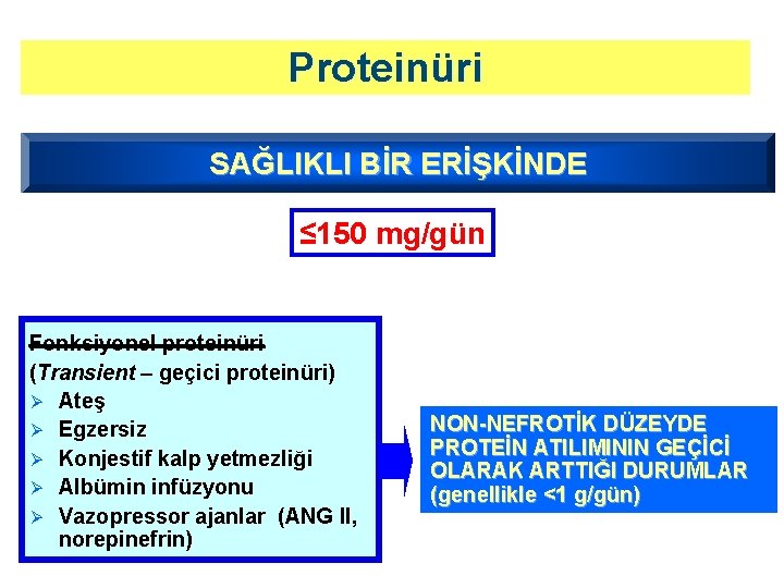 Proteinüri SAĞLIKLI BİR ERİŞKİNDE ≤ 150 mg/gün Fonksiyonel proteinüri (Transient – geçici proteinüri) Ø Proteinüri SAĞLIKLI BİR ERİŞKİNDE ≤ 150 mg/gün Fonksiyonel proteinüri (Transient – geçici proteinüri) Ø