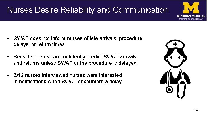 Nurses Desire Reliability and Communication • SWAT does not inform nurses of late arrivals,