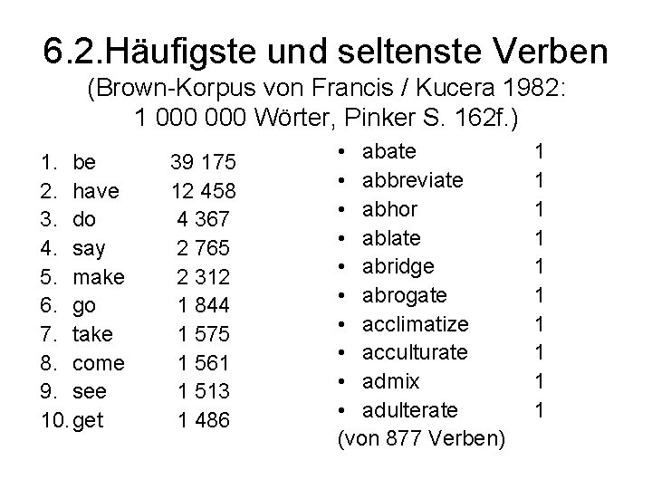 6. 2. Häufigste und seltenste Verben (Brown-Korpus von Francis / Kucera 1982: 1 000