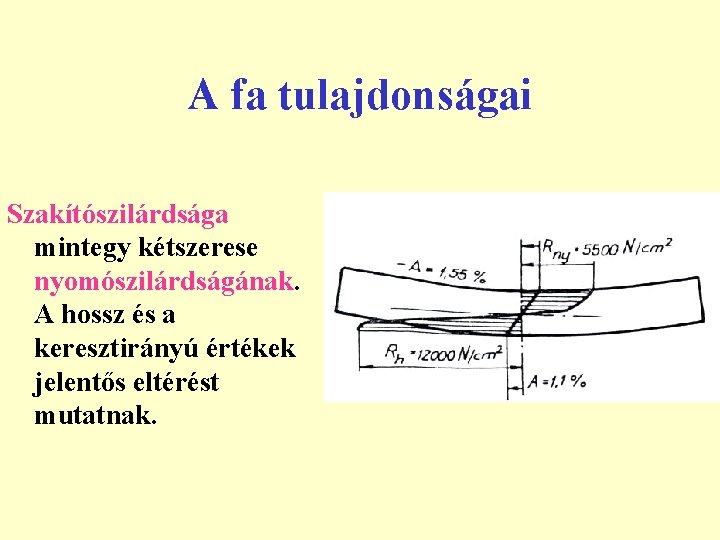 A fa tulajdonságai Szakítószilárdsága mintegy kétszerese nyomószilárdságának. A hossz és a keresztirányú értékek jelentős