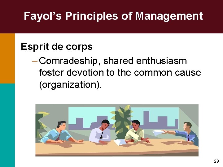 Fayol’s Principles of Management Esprit de corps – Comradeship, shared enthusiasm foster devotion to