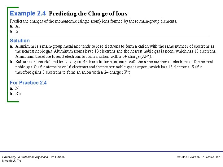 Example 2. 4 Predicting the Charge of Ions Predict the charges of the monoatomic
