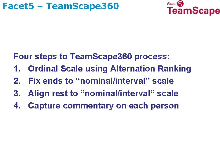 Facet 5 – Team. Scape 360 Four steps to Team. Scape 360 process: 1.
