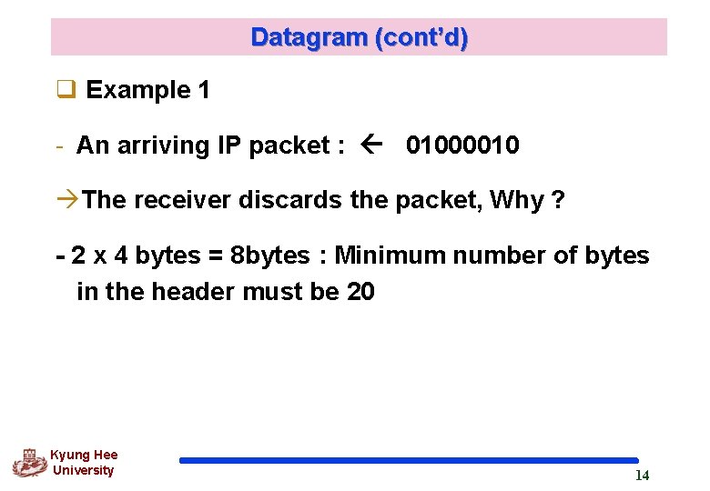 Datagram (cont’d) q Example 1 - An arriving IP packet : 01000010 àThe receiver