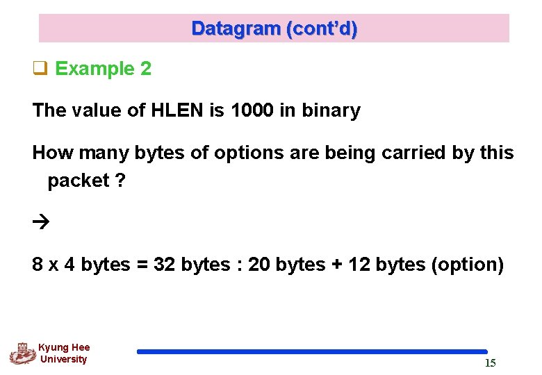 Datagram (cont’d) q Example 2 The value of HLEN is 1000 in binary How