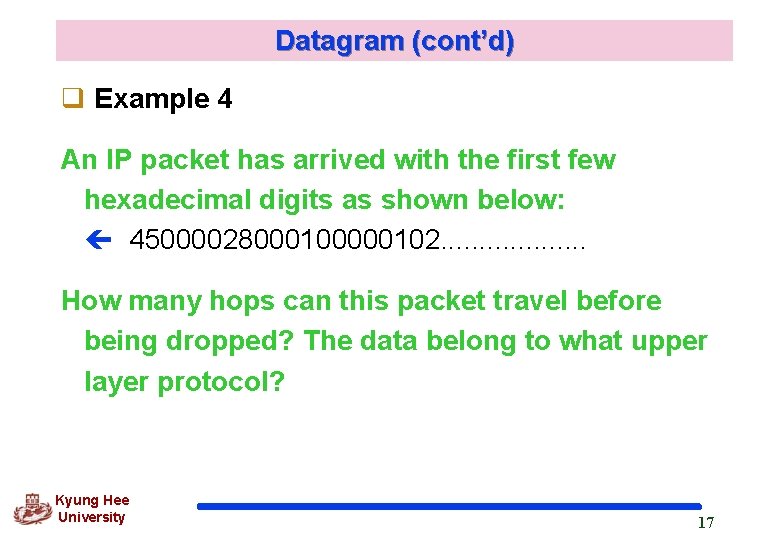 Datagram (cont’d) q Example 4 An IP packet has arrived with the first few