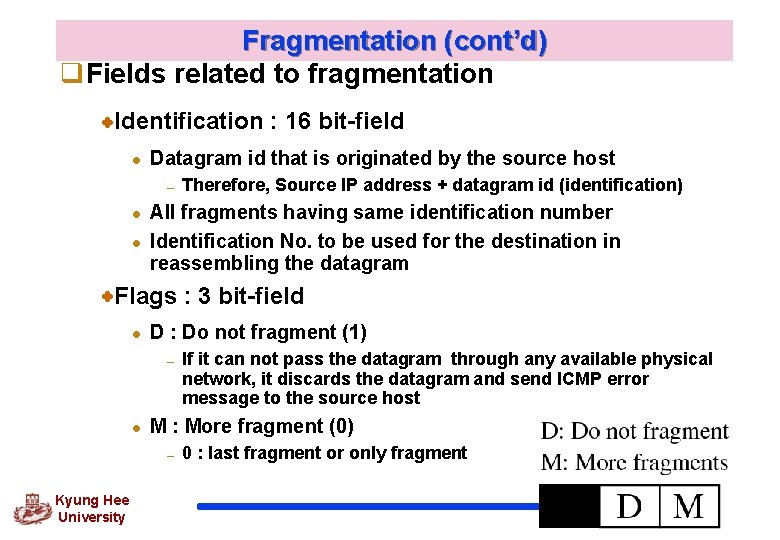 Fragmentation (cont’d) q. Fields related to fragmentation Identification : 16 bit-field l Datagram id