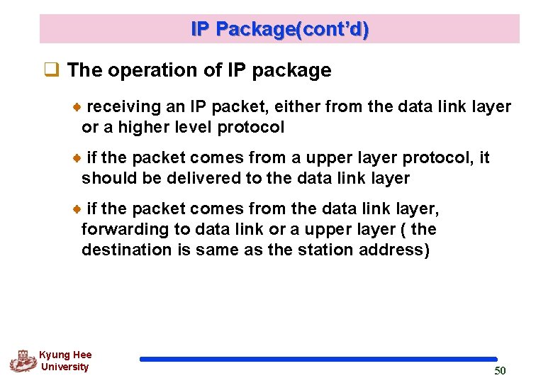 IP Package(cont’d) q The operation of IP package receiving an IP packet, either from