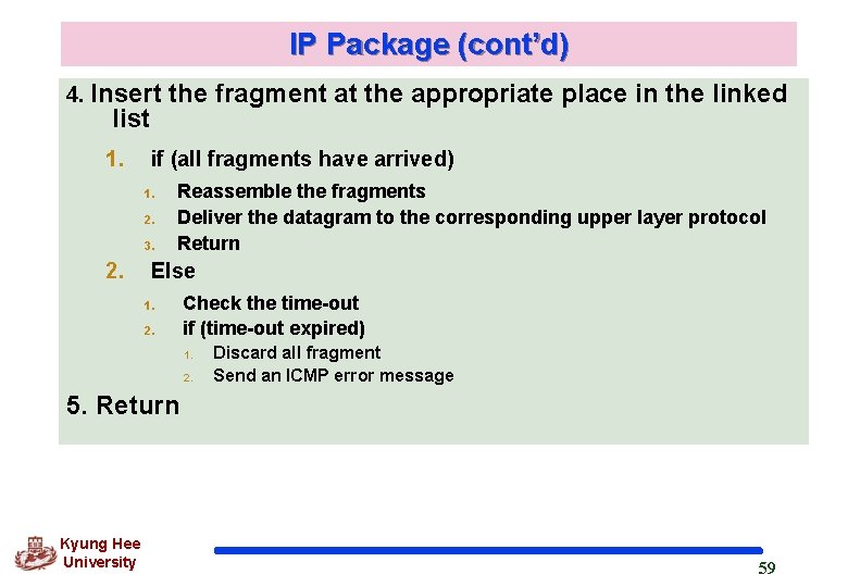 IP Package (cont’d) 4. Insert list 1. if (all fragments have arrived) 1. 2.