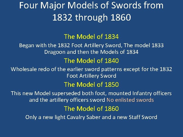 Four Major Models of Swords from 1832 through 1860 The Model of 1834 Began