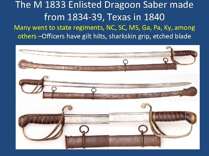 The M 1833 Enlisted Dragoon Saber made from 1834 -39, Texas in 1840 Many