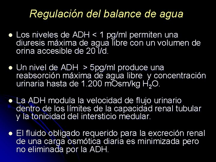 Regulación del balance de agua l Los niveles de ADH < 1 pg/ml permiten