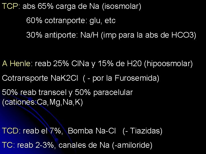 TCP: abs 65% carga de Na (isosmolar) 60% cotranporte: glu, etc 30% antiporte: Na/H