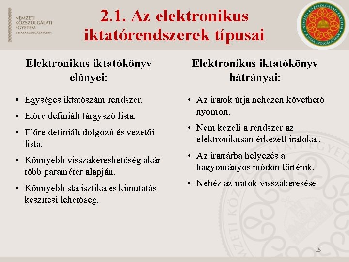 2. 1. Az elektronikus iktatórendszerek típusai Elektronikus iktatókönyv előnyei: Elektronikus iktatókönyv hátrányai: • Előre