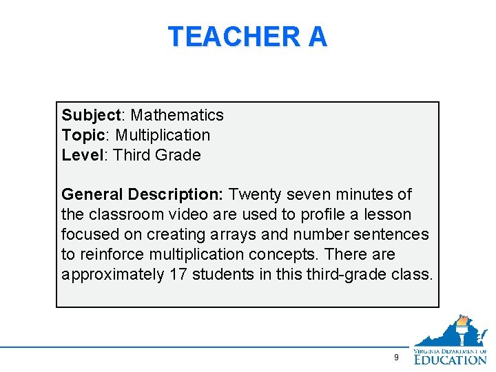 TEACHER A Subject: Mathematics Topic: Multiplication Level: Third Grade General Description: Twenty seven minutes