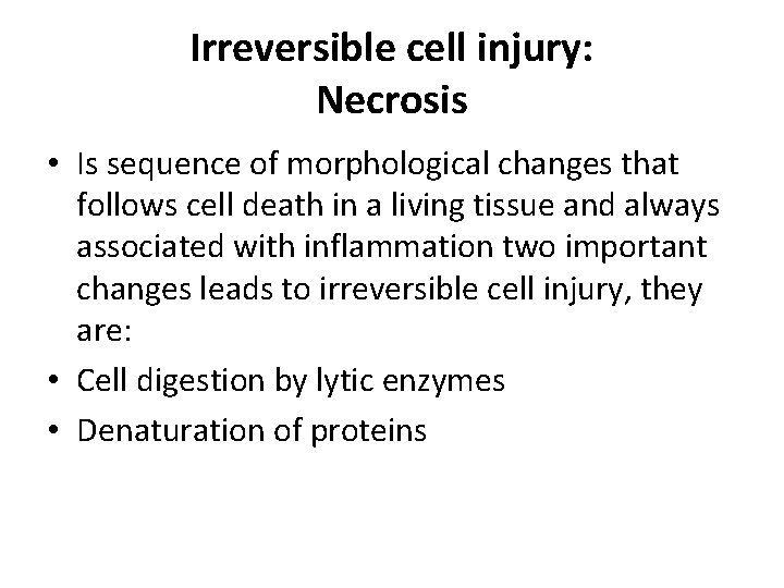 Irreversible cell injury: Necrosis • Is sequence of morphological changes that follows cell death