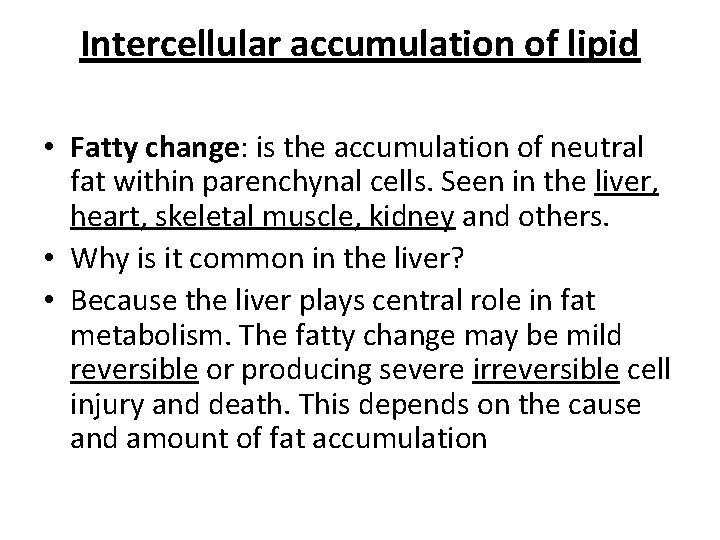 Intercellular accumulation of lipid • Fatty change: is the accumulation of neutral fat within