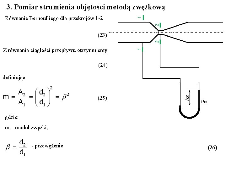3. Pomiar strumienia objętości metodą zwężkową Równanie Bernoulliego dla przekrojów 1 -2 (23) Z
