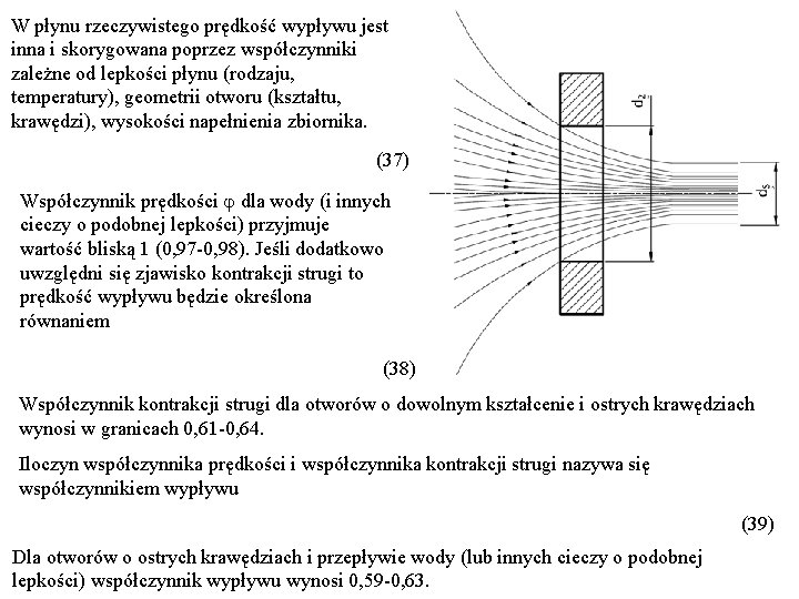 W płynu rzeczywistego prędkość wypływu jest inna i skorygowana poprzez współczynniki zależne od lepkości