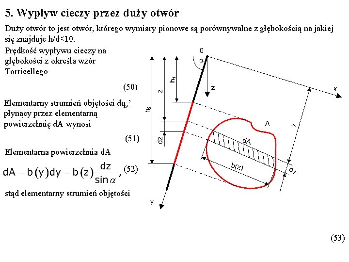 5. Wypływ cieczy przez duży otwór Duży otwór to jest otwór, którego wymiary pionowe