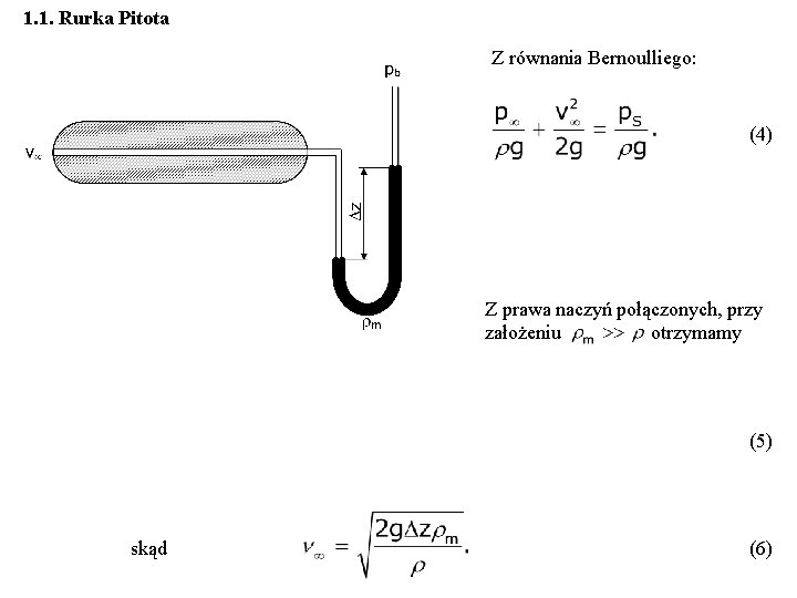 1. 1. Rurka Pitota Z równania Bernoulliego: (4) Z prawa naczyń połączonych, przy założeniu