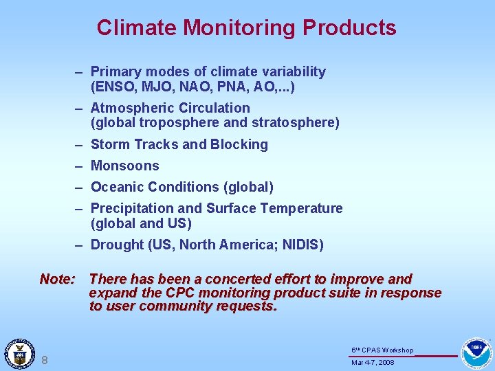 Climate Monitoring Products – Primary modes of climate variability (ENSO, MJO, NAO, PNA, AO,