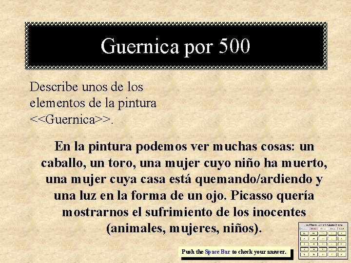 Guernica por 500 Describe unos de los elementos de la pintura <<Guernica>>. En la